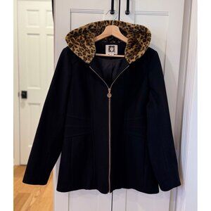 Anne Klein Black Pea Coat Leopard Print Faux Fur Hood Size Medium Winter Wool